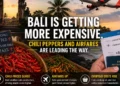 Illustration showing rising chili prices and increasing airline ticket costs contributing to inflation and higher living expenses in Bali, Indonesia.