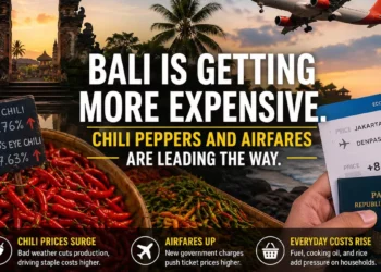 Illustration showing rising chili prices and increasing airline ticket costs contributing to inflation and higher living expenses in Bali, Indonesia.