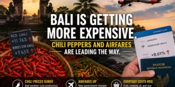 Illustration showing rising chili prices and increasing airline ticket costs contributing to inflation and higher living expenses in Bali, Indonesia.