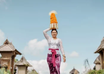 A river of devotion flows through a Balinese village as women carry elaborate gebogan offerings during Galungan, one of Bali's most sacred celebrations honoring the triumph of good over evil.
