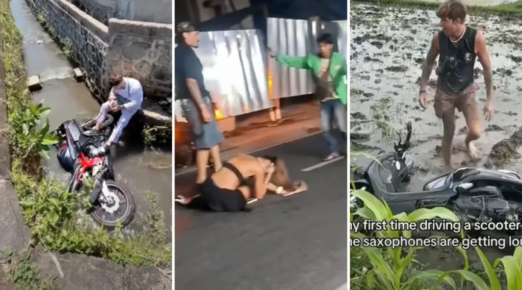 More Asian Tourists Are Renting Scooters in Bali. Local Authorities Are Worried 2 Photo collage of motorbike accidents involving tourists in Bali due to not being able to ride motorbikes (HEY BALI)