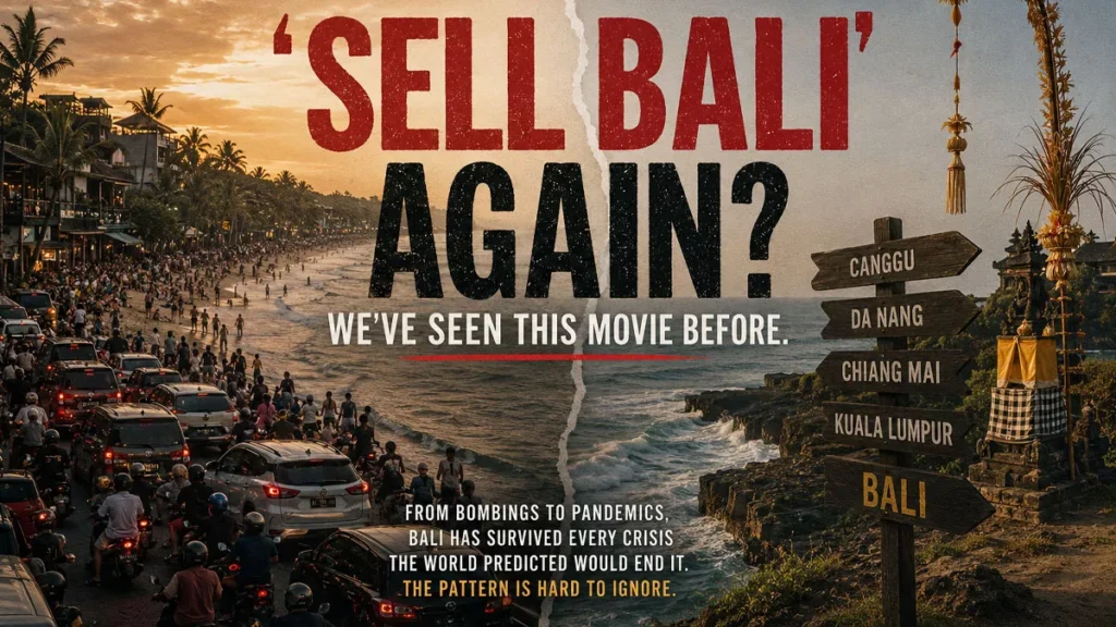 Crowded traffic and packed beaches in Bali contrasted with the island's enduring cultural identity, illustrating ongoing debates about overtourism, rising costs, and the future of Bali as a global destination.