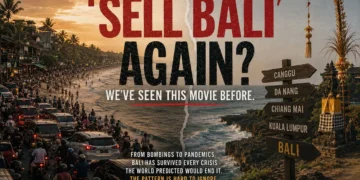 Crowded traffic and packed beaches in Bali contrasted with the island's enduring cultural identity, illustrating ongoing debates about overtourism, rising costs, and the future of Bali as a global destination.