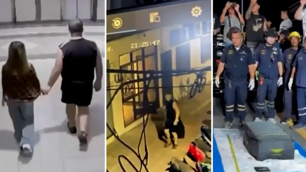 CCTV footage, airport surveillance, and police officers handling evidence in the investigation involving an Australian suspect arrested in Thailand after a teenager's body was found in a suitcase.