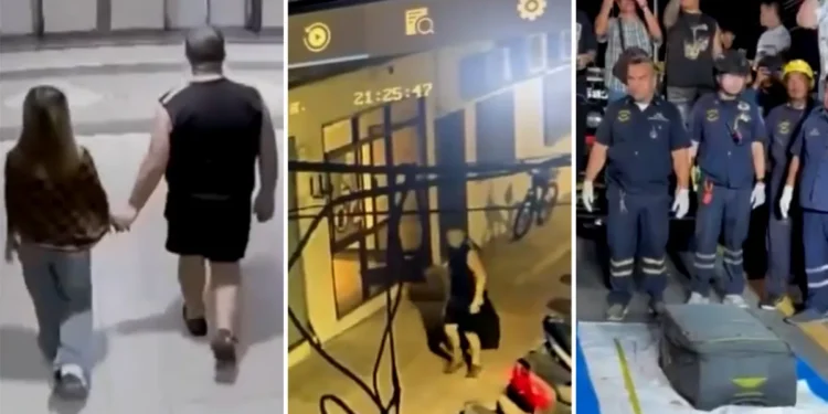 CCTV footage, airport surveillance, and police officers handling evidence in the investigation involving an Australian suspect arrested in Thailand after a teenager's body was found in a suitcase.