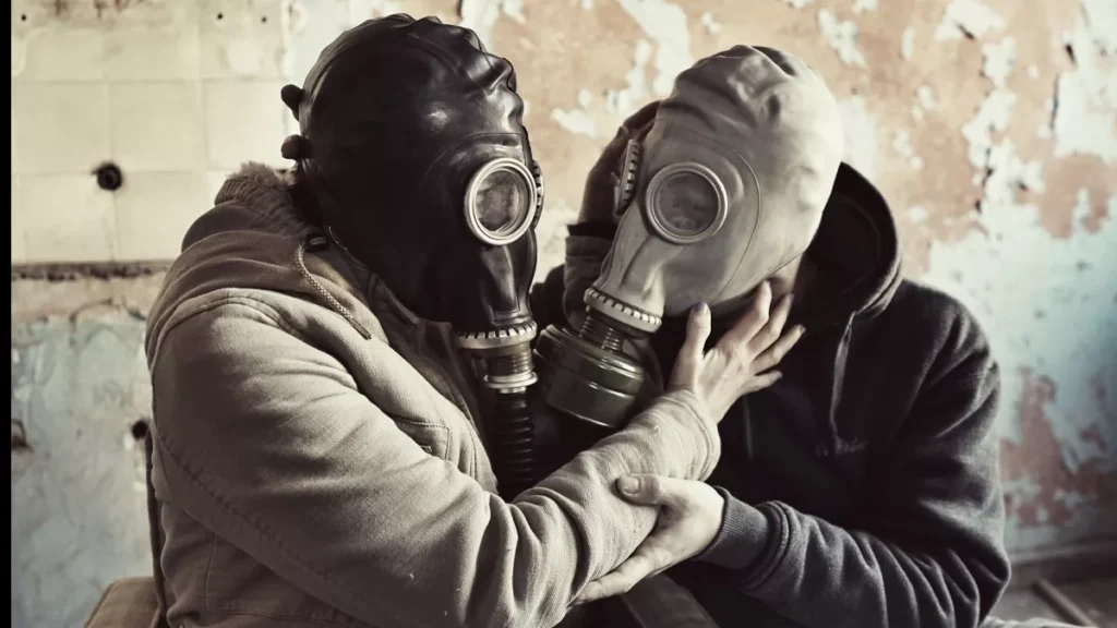Two people wearing gas masks embrace each other, symbolizing emotional manipulation, toxic relationships, and hidden psychological control.