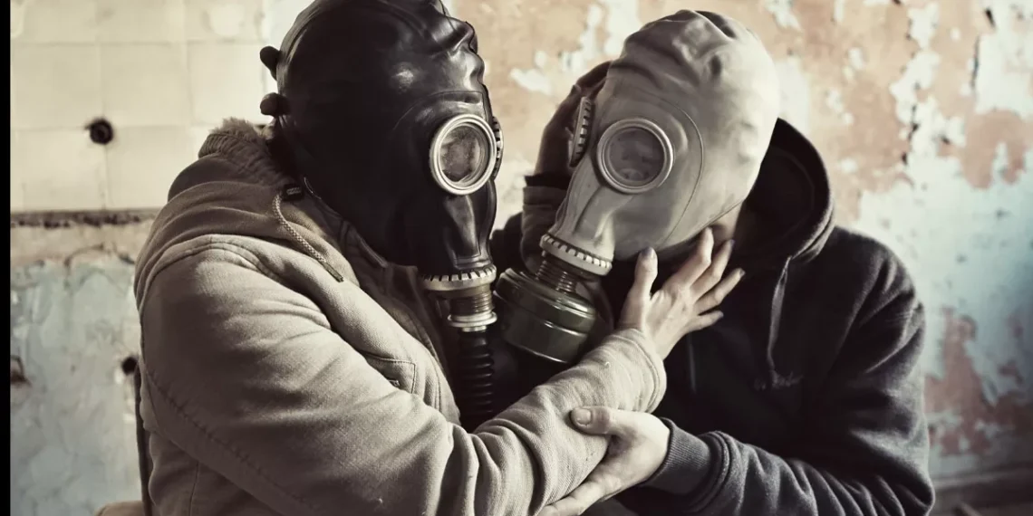 Two people wearing gas masks embrace each other, symbolizing emotional manipulation, toxic relationships, and hidden psychological control.