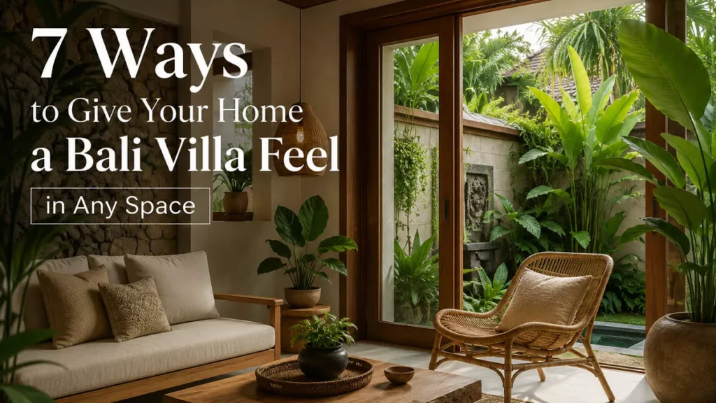 7 Ways to Give Your Home a Bali Villa Feel in Any Space 8 Bali villa style home decor featuring natural wood furniture, rattan chairs, tropical plants, and warm minimalist interior design inspired by Ubud villas.