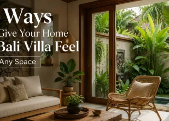 Bali villa style home decor featuring natural wood furniture, rattan chairs, tropical plants, and warm minimalist interior design inspired by Ubud villas.