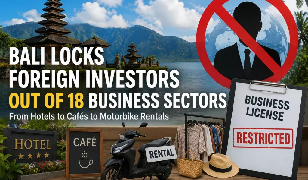 Bali Locks Foreign Investors Out of 18 Business Sectors, From Hotels to Cafes to Motorbike Rentals 4 Bali foreign investment restrictions affecting hotels, cafés, motorbike rentals, and 18 business sectors under new OSS licensing policy.