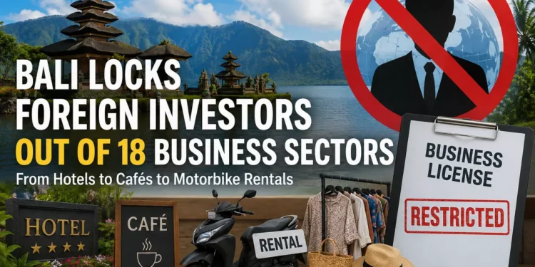 Bali Locks Foreign Investors Out of 18 Business Sectors, From Hotels to Cafes to Motorbike Rentals 37 Bali foreign investment restrictions affecting hotels, cafés, motorbike rentals, and 18 business sectors under new OSS licensing policy.
