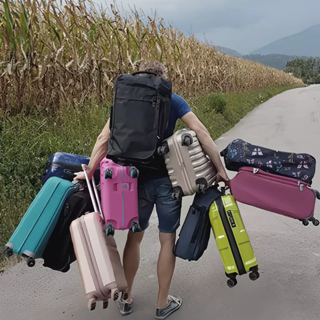 What Size Suitcase Should You Bring to Bali? A Practical Guide for Every Trip 38
A photo shows a traveler struggling to carry numerous suitcases and bags while preparing for a trip to Bali.