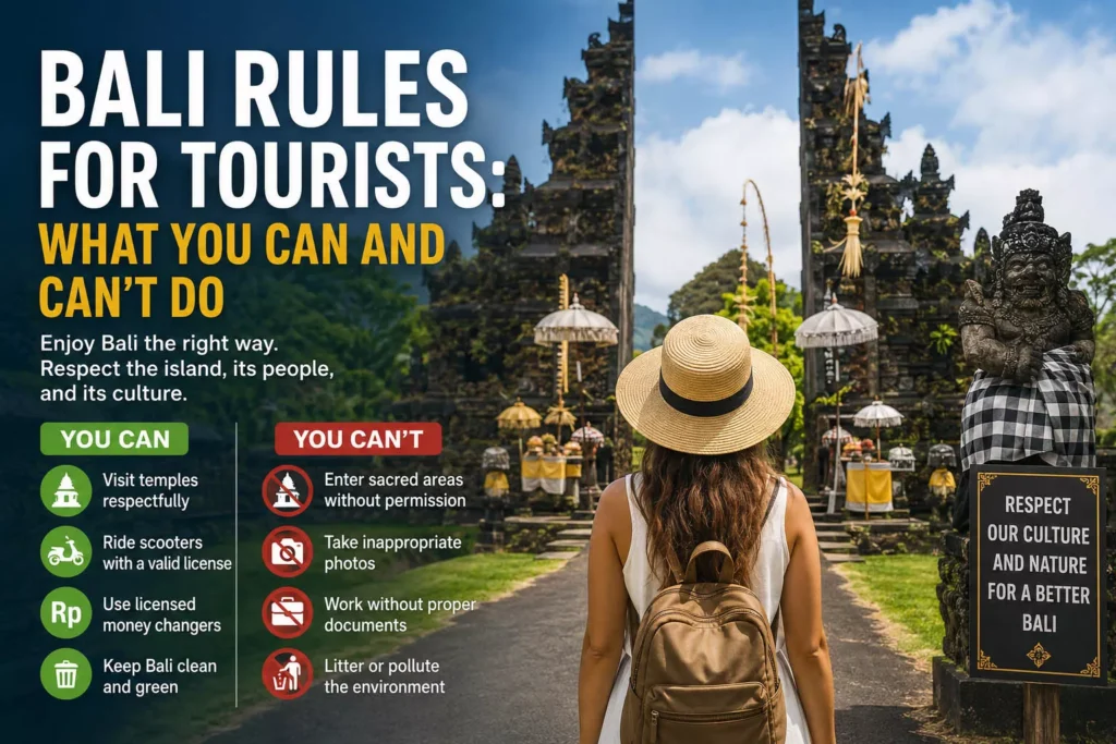 Bali Rules for Tourists: What You Can and Can't Do Before You Visit. 38 Bali Rules for Tourists guide showing a traveler visiting a Balinese temple while following local customs, cultural etiquette, and official visitor regulations in Bali.