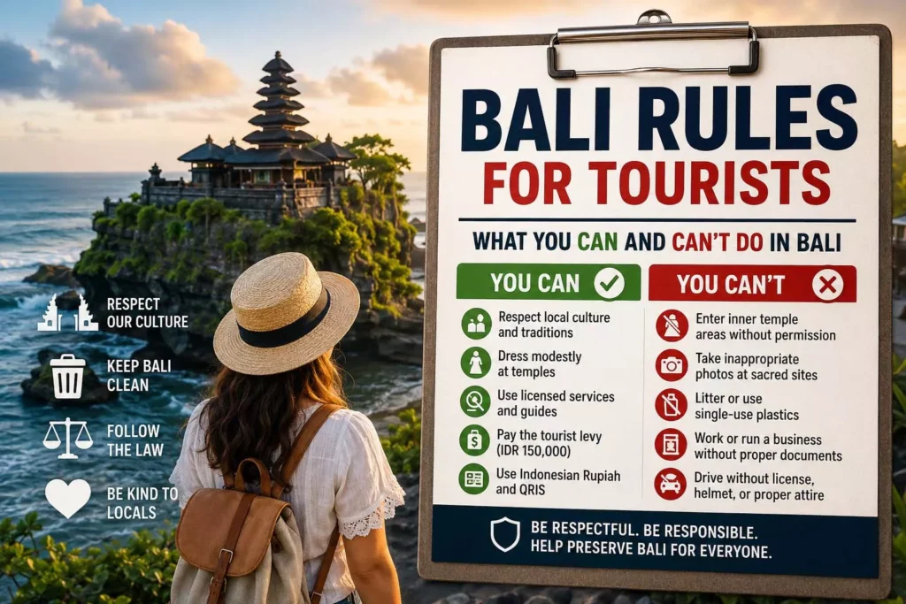 Bali Rules for Tourists: What You Can and Can't Do Before You Visit. 39 Bali Rules for Tourists guide showing a traveler visiting a Balinese temple while following local customs, cultural etiquette, and official visitor regulations in Bali.
