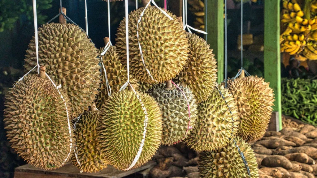A photo of durians being sold by the roadside in Indonesia.