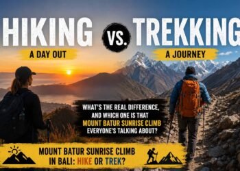 Hiking vs Trekking comparison showing a Mount Batur sunrise hike in Bali and a multi-day mountain trek, explaining the difference between hiking and trekking for travelers.
