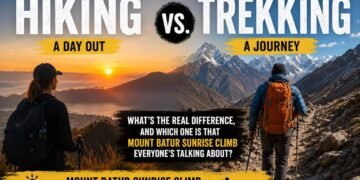 Hiking vs Trekking comparison showing a Mount Batur sunrise hike in Bali and a multi-day mountain trek, explaining the difference between hiking and trekking for travelers.