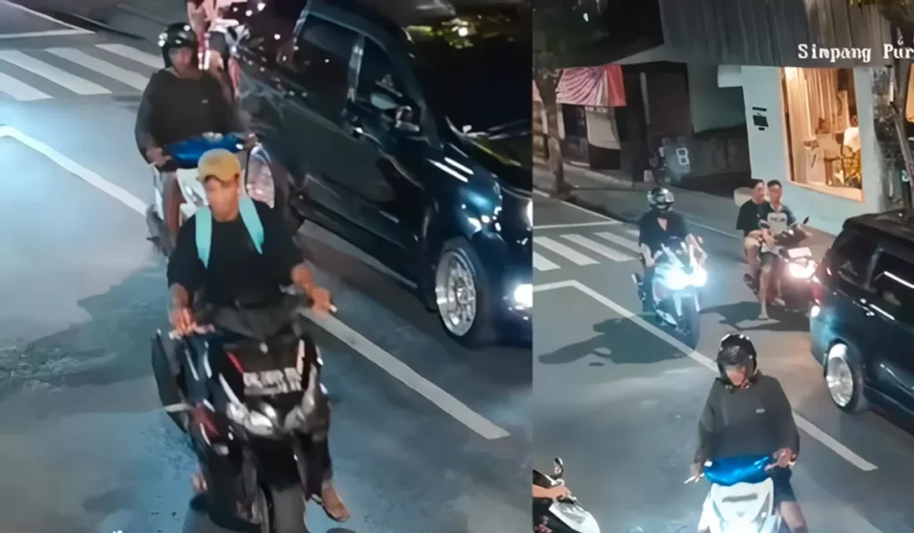 The theft of a motorcycle by two individuals on Jalan Pantai Berawa, Tibubeneng, Badung, was captured on CCTV. (Photo: Courtesy)