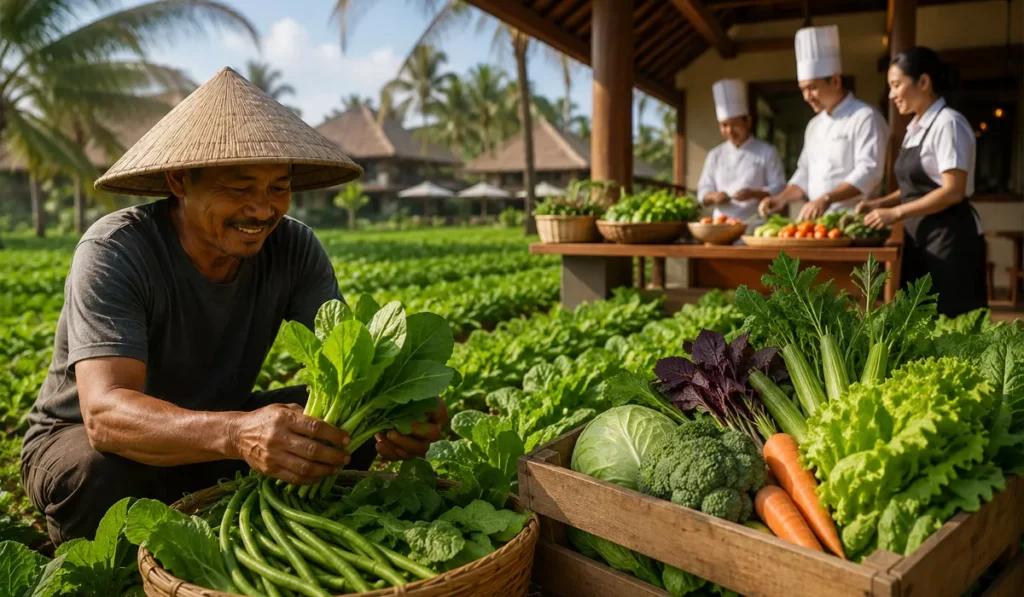 Bali Wants Tourists to Eat More Local Food. Here's Why Farmers Could Be the Biggest Winners 1 Local Balinese farmer harvesting fresh vegetables as Bali's tourism industry connects local agriculture with hotels, restaurants, and cafés through a sustainable HORECA supply chain.