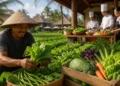 Local Balinese farmer harvesting fresh vegetables as Bali's tourism industry connects local agriculture with hotels, restaurants, and cafés through a sustainable HORECA supply chain.