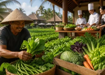 Local Balinese farmer harvesting fresh vegetables as Bali's tourism industry connects local agriculture with hotels, restaurants, and cafés through a sustainable HORECA supply chain.