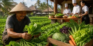Local Balinese farmer harvesting fresh vegetables as Bali's tourism industry connects local agriculture with hotels, restaurants, and cafés through a sustainable HORECA supply chain.