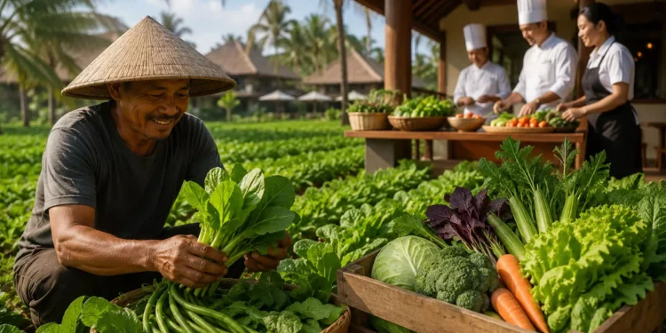 Local Balinese farmer harvesting fresh vegetables as Bali's tourism industry connects local agriculture with hotels, restaurants, and cafés through a sustainable HORECA supply chain.