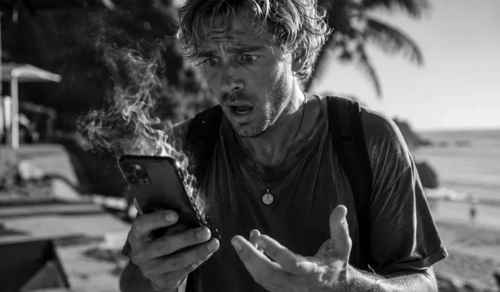 Why Does Your Phone Overheat When Charging, and Why Does It Get Even Worse in Bali? 4 Tourist holding an overheating smartphone while traveling in Bali, illustrating why phones overheat when charging in Bali's tropical heat.