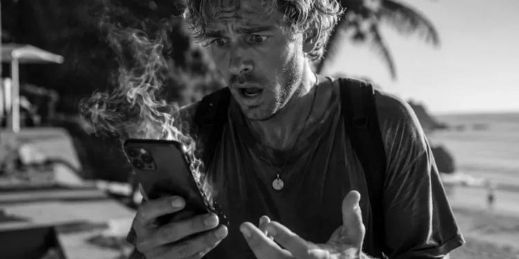 Tourist holding an overheating smartphone while traveling in Bali, illustrating why phones overheat when charging in Bali's tropical heat.