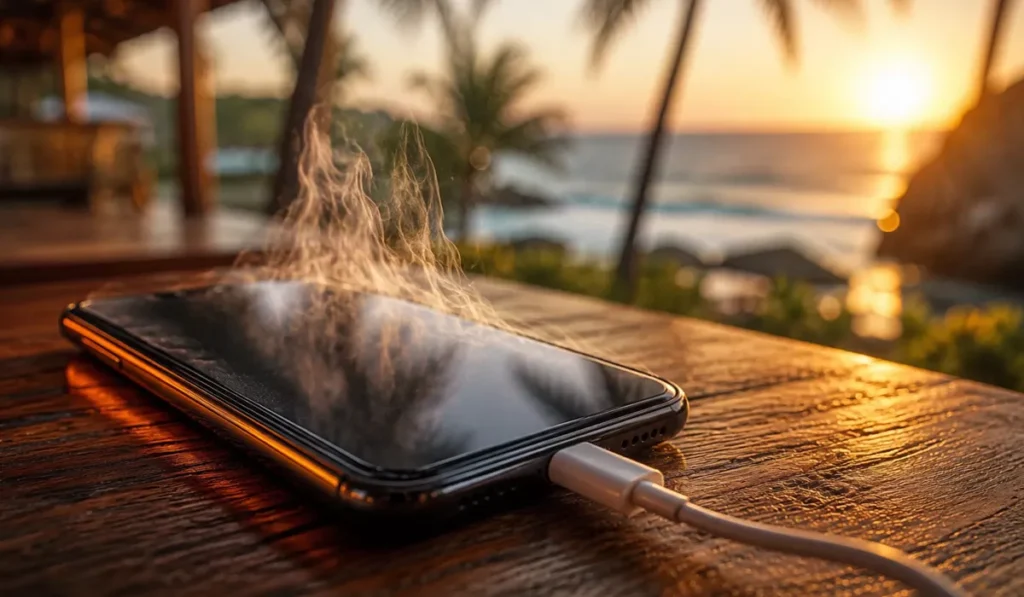 Why Does Your Phone Overheat When Charging, and Why Does It Get Even Worse in Bali? 38 Smartphone charging outdoors in Bali with visible heat rising from the device under tropical conditions.