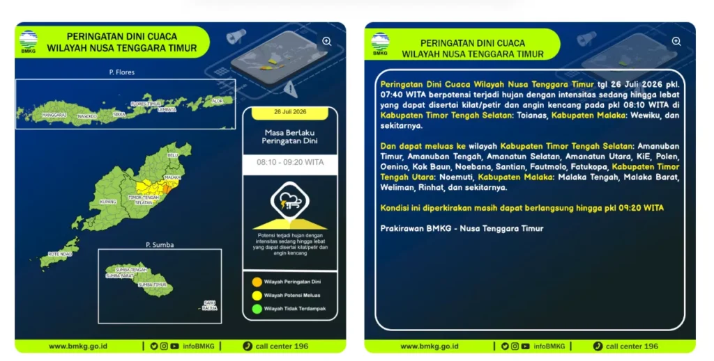 Weather Agency Warns of Heavy Rain and Strong Winds Across East Nusa Tenggara Through July 27 38 BMKG weather warning map showing areas in East Nusa Tenggara (NTT) under heavy rain, thunderstorm, and strong wind alerts on July 26, 2026.