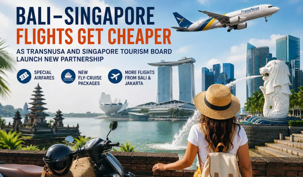 Bali-Singapore Flights Get Cheaper as TransNusa and Singapore Tourism Board Launch New Partnership 3 Illustration of Bali to Singapore flights highlighting the TransNusa and Singapore Tourism Board partnership offering special airfares and fly-cruise travel packages.