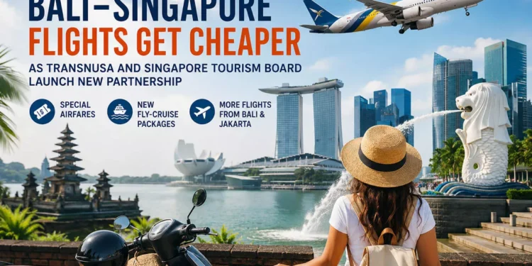 Illustration of Bali to Singapore flights highlighting the TransNusa and Singapore Tourism Board partnership offering special airfares and fly-cruise travel packages.