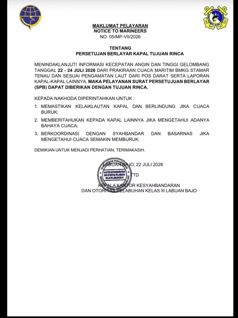 Bali-Bound Travelers Take Note: Komodo and Padar Island Boat Trips Suspended Through July 24 Over Rough Seas 38 Official maritime notice received by the Hey Bali News newsroom announcing temporary sailing restrictions to Komodo Island and Padar Island due to rough seas in Labuan Bajo, July 2026.