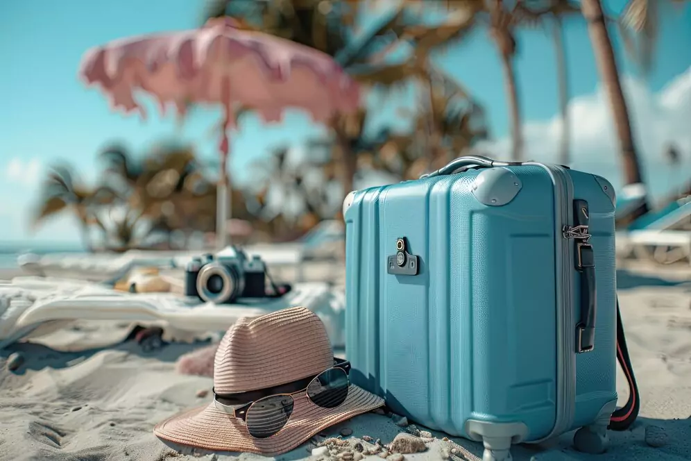 Bali Luggage Storage Kuta - Photo of a blue suitcase and wicker hat and sunglasses on the beach sand with a beach background 