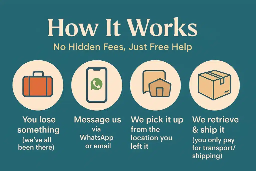 Step-by-step infographic showing how Hey Bali helps recover a lost item in Bali: contact via WhatsApp or email, pickup from the location it was left, and shipping to the traveler — with no hidden fees.