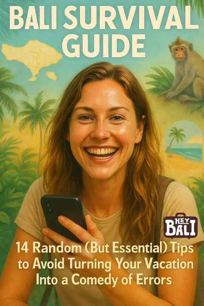 Illustrated infographics  Smiling female traveler holding a smartphone at the airport in Bali, ready for her adventure. Featured image for a humorous and helpful Bali travel survival guide. Design By Giostanovlatto 