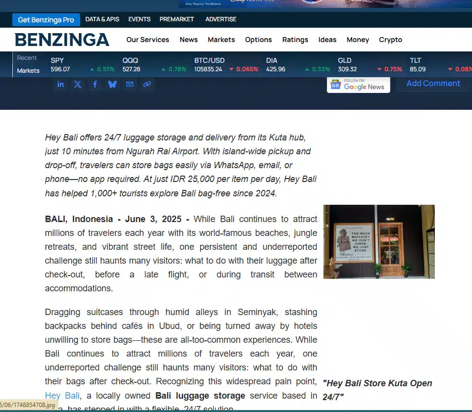 Benzinga.com Media Coverage of Hey Bali Bag Storage