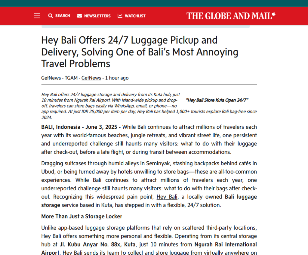 theglobeandmail.com Media Coverage of Hey Bali Bag Storage