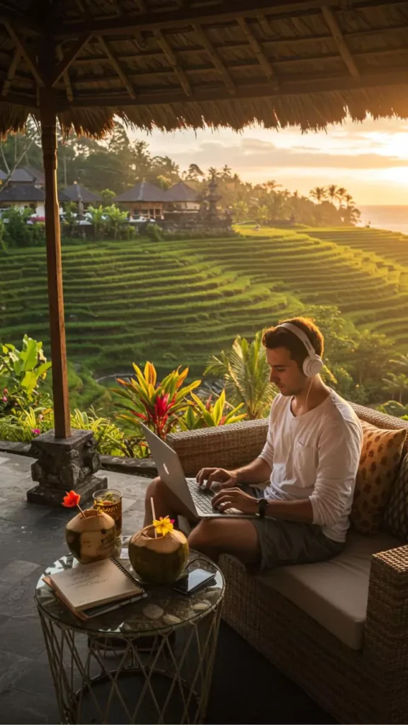 Bali coworking spaces - Photo of a man working in front of his laptop with a view of green rice terraces in ubud in the afternoon. This is the digital nomad lifestyle