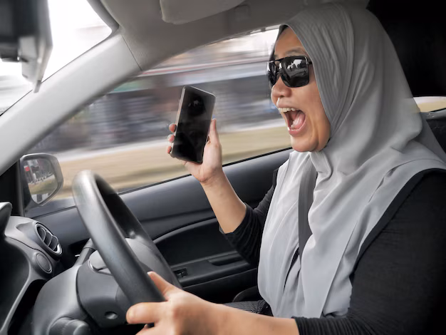 Bali transport scams - Photo of a woman wearing a headscarf and holding a cell phone while driving a moil looking happy and pleased