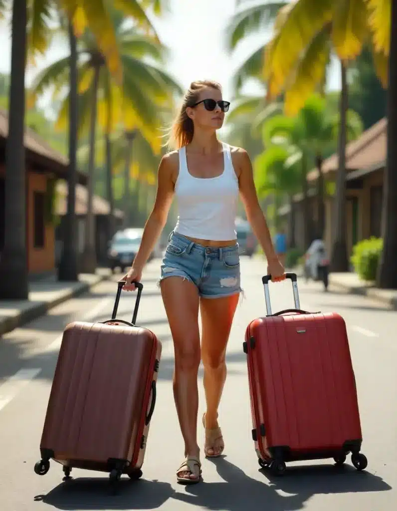 Luggage Storage in Sanur - female tourist walking on sanur highway while carrying 2 suitcases