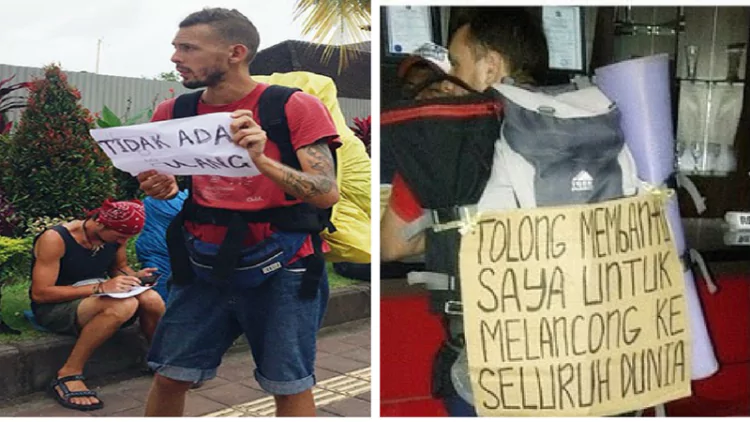 Photo of a bule asking for donations on the street while holding a paper that reads I have no money and asking for the mercy of Balinese citizens - Bali tourist problems