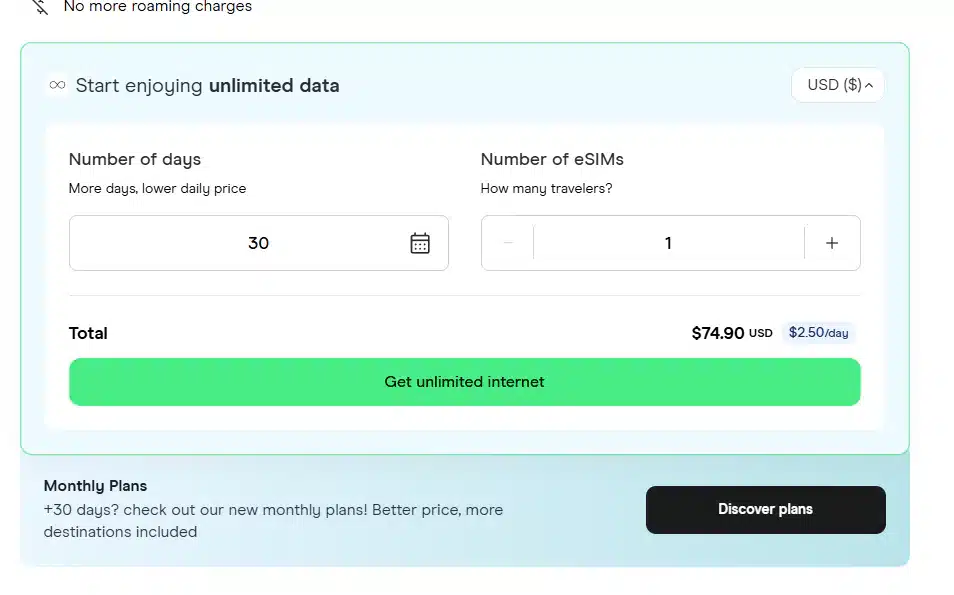 screenshot of HOLAFLY offer for 30 DAYS bali esim