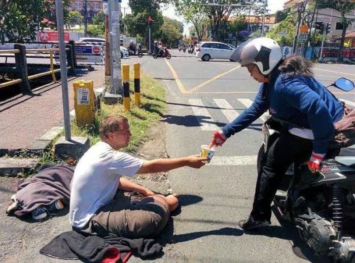 Photos of travelers asking for donations at a red light in bali and a female rider giving a donation