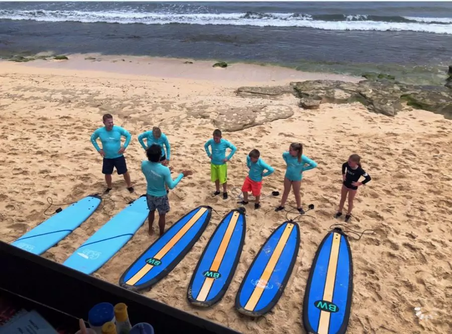 An instructor is giving an explanation to six European tourists on Balangan Beach.