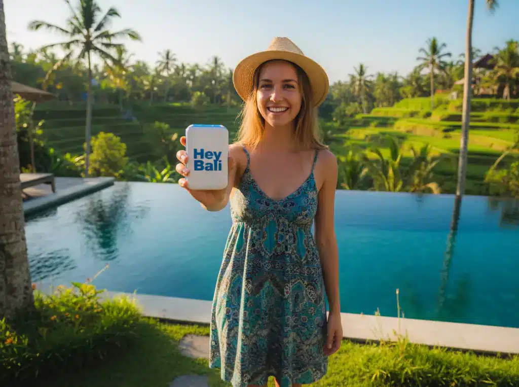 A photo of an American tourist by the pool at a villa in Ubud, showing off a free adapter from Hey Bali. This photo was exclusively taken by the Hey Bali team.