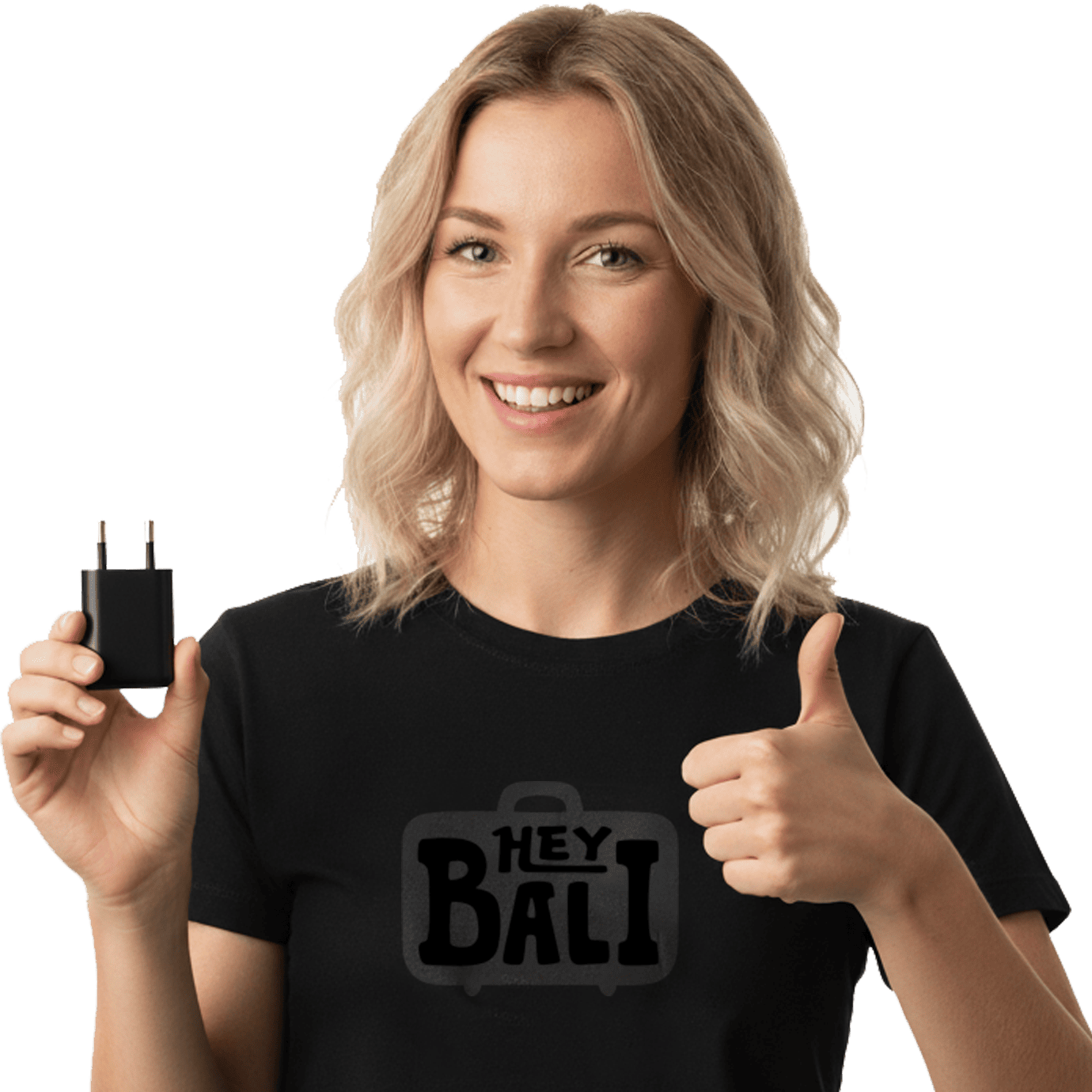 Photo of a woman holding a free Bali adapter from Hey Bali