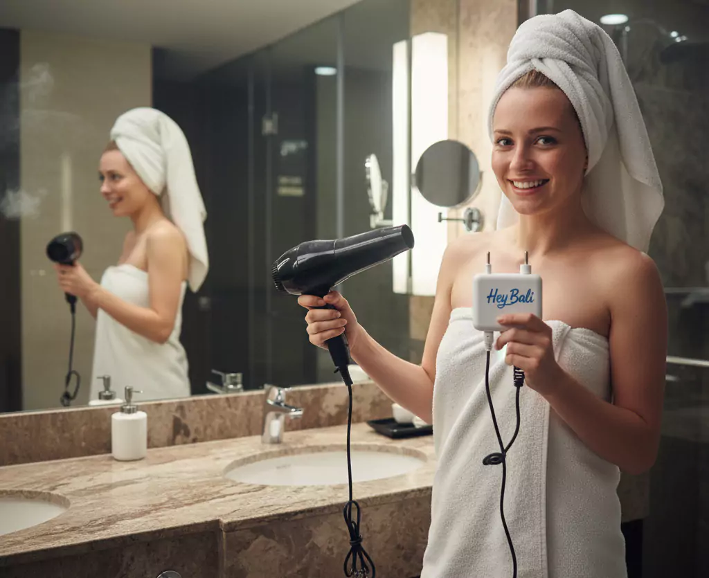 photo of a woman using a hair dryer in a hotel bathroom in Bali while holding a free adapter from Hey Bali
