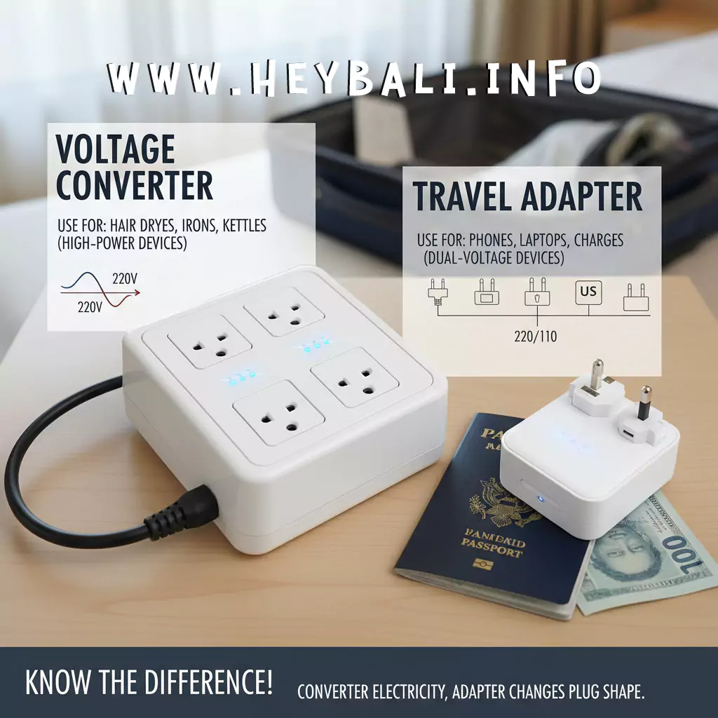 photos and explanations of the differences between adapters and converters made by the Hey Bali team